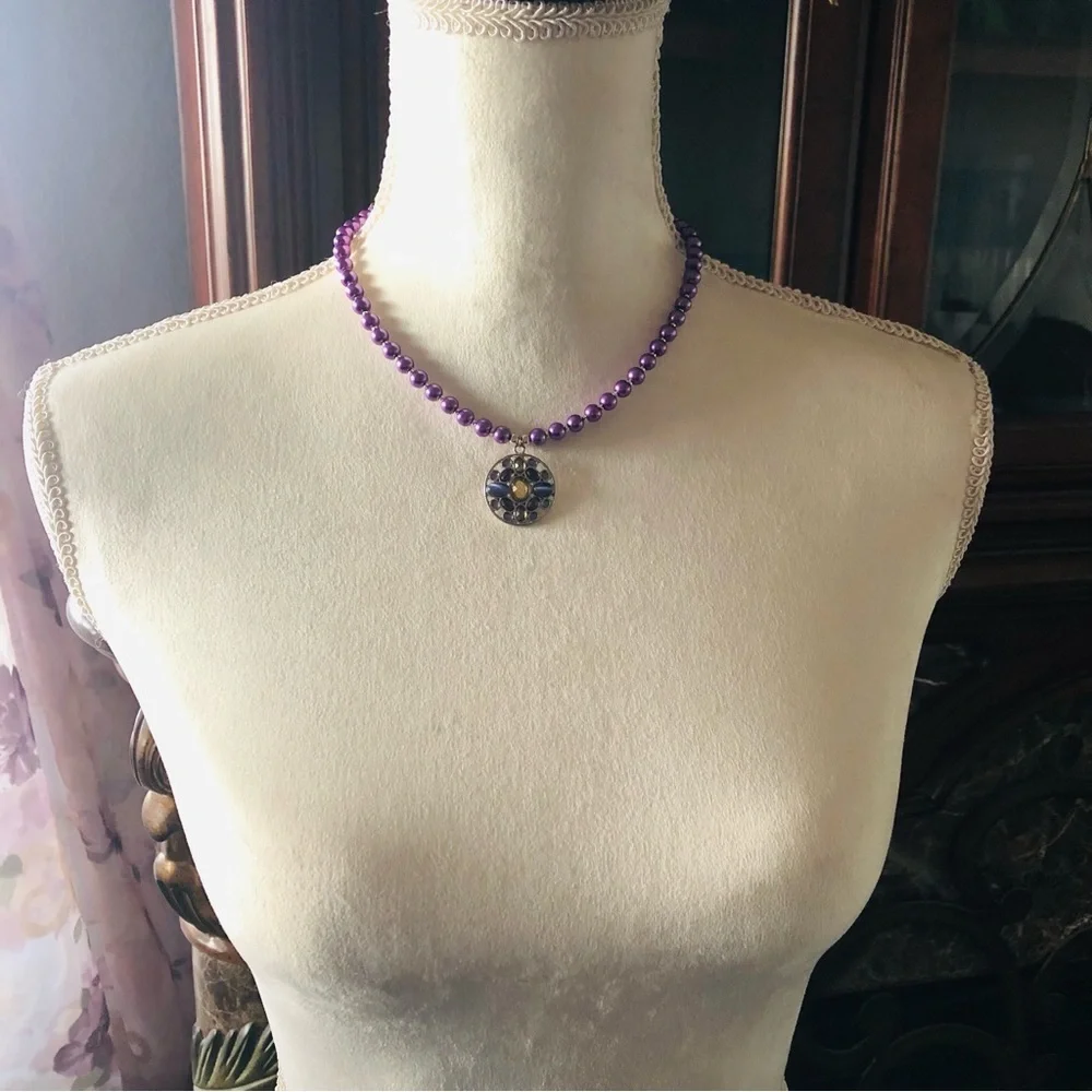 Handcrafted repurpose multi tone stone pendant Czech glass Pearl necklace